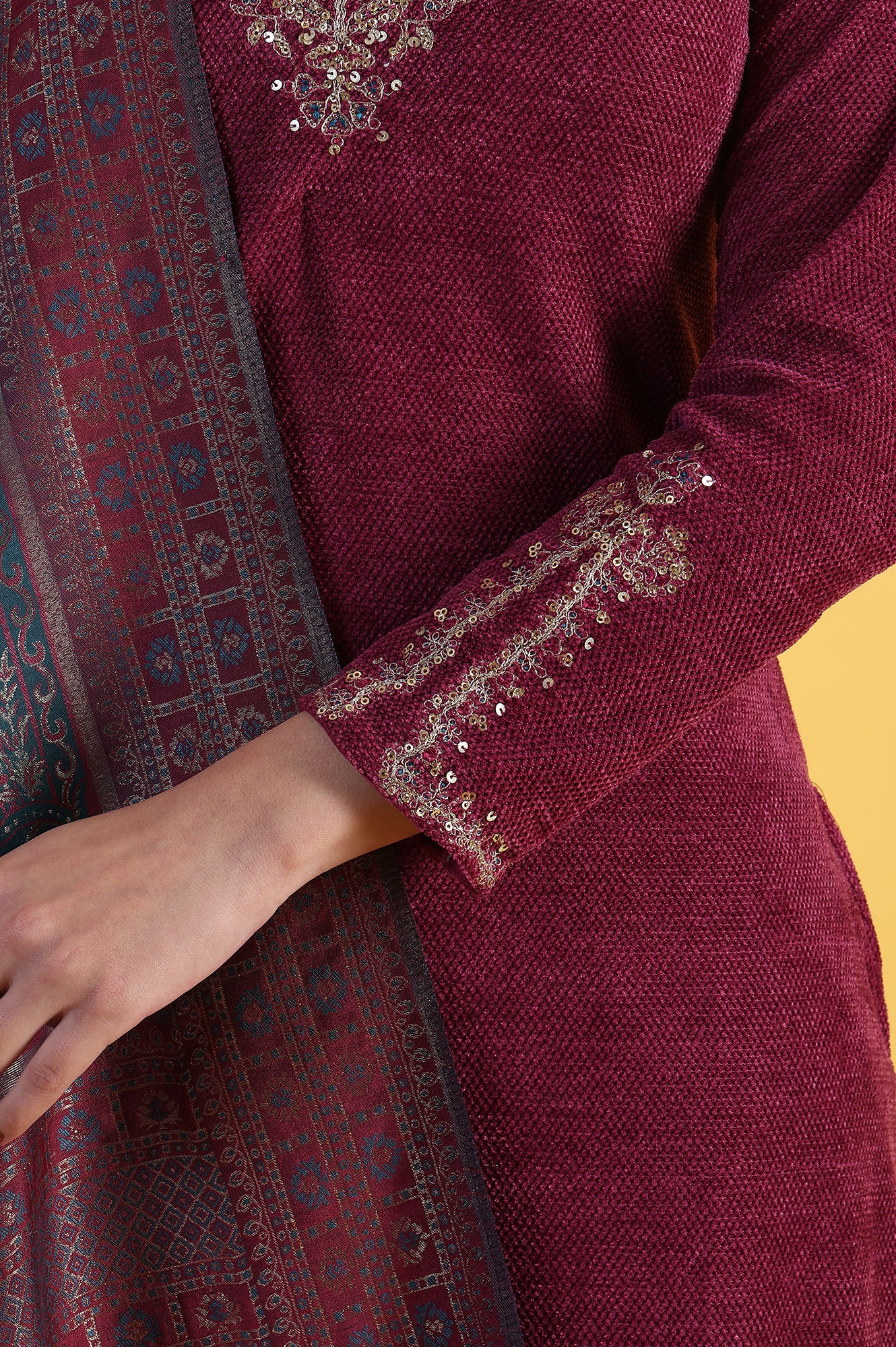Maroon Solid Metallic Embroidery Straight Kurta & Straight pant with Dupatta Set