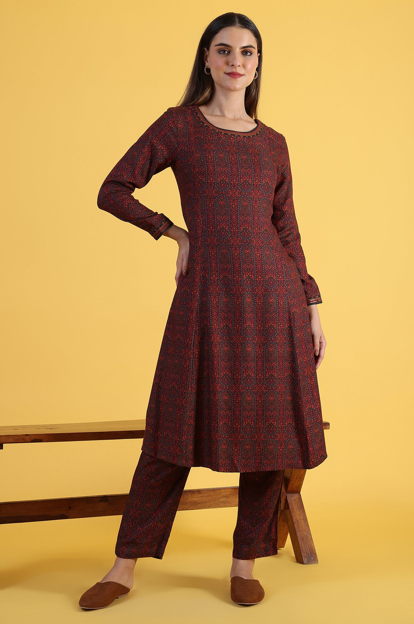 Maroon Printed A-Line Kurta & Straight pant Set