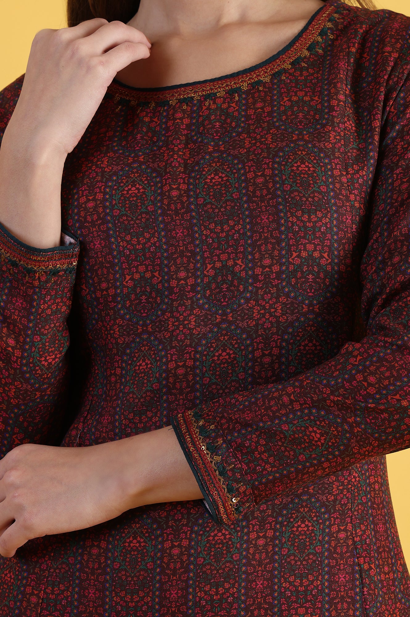 Maroon Printed A-Line Kurta & Straight pant Set