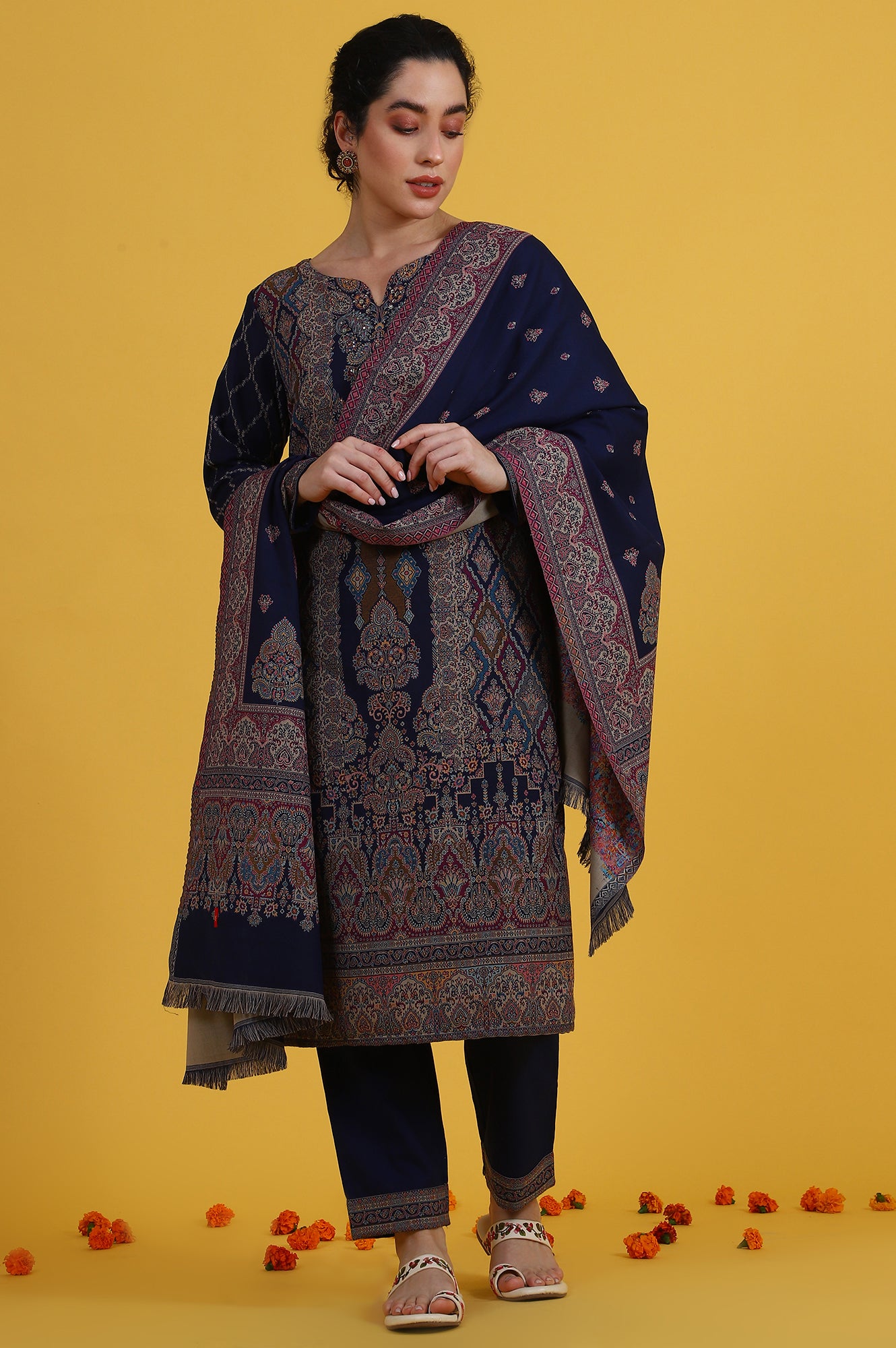 Blue Yarn Dyed Sequins Straight Kurta & Straight pant with Dupatta Set