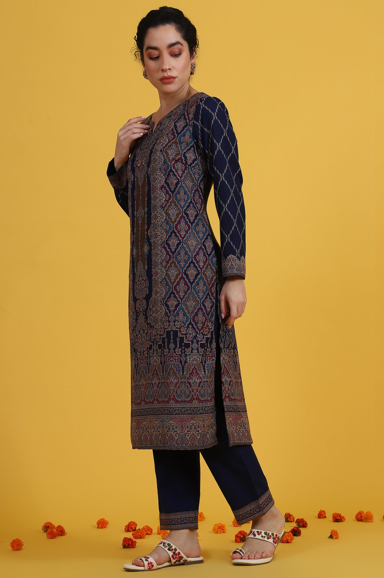 Blue Yarn Dyed Sequins Straight Kurta & Straight pant with Dupatta Set