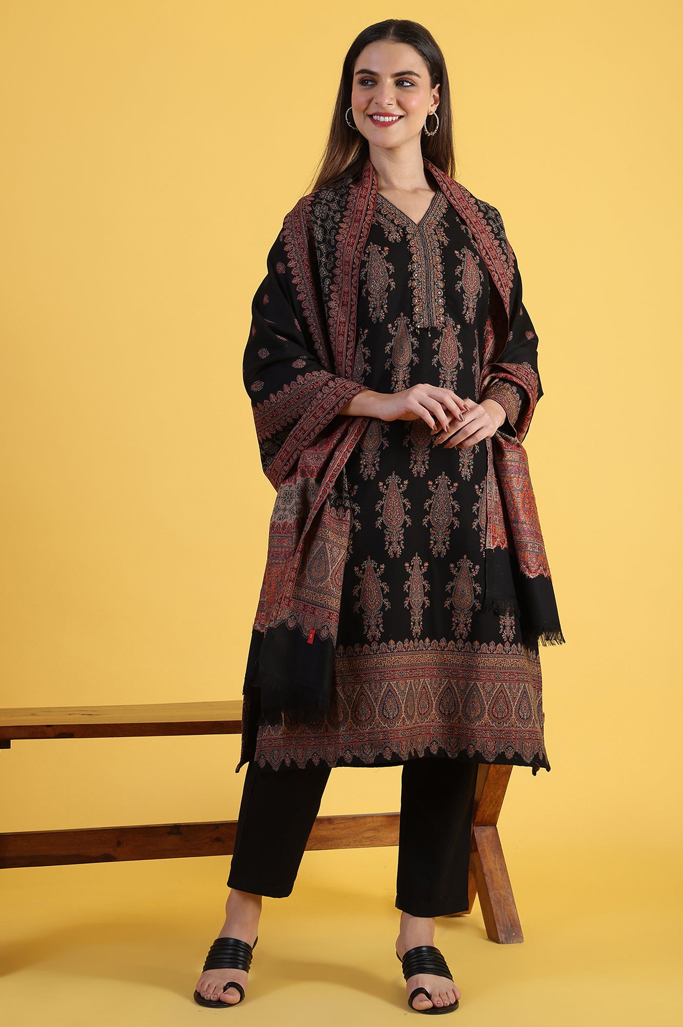 Black Yarn Dyed Sequins Straight Kurta & Straight pant with Dupatta Set