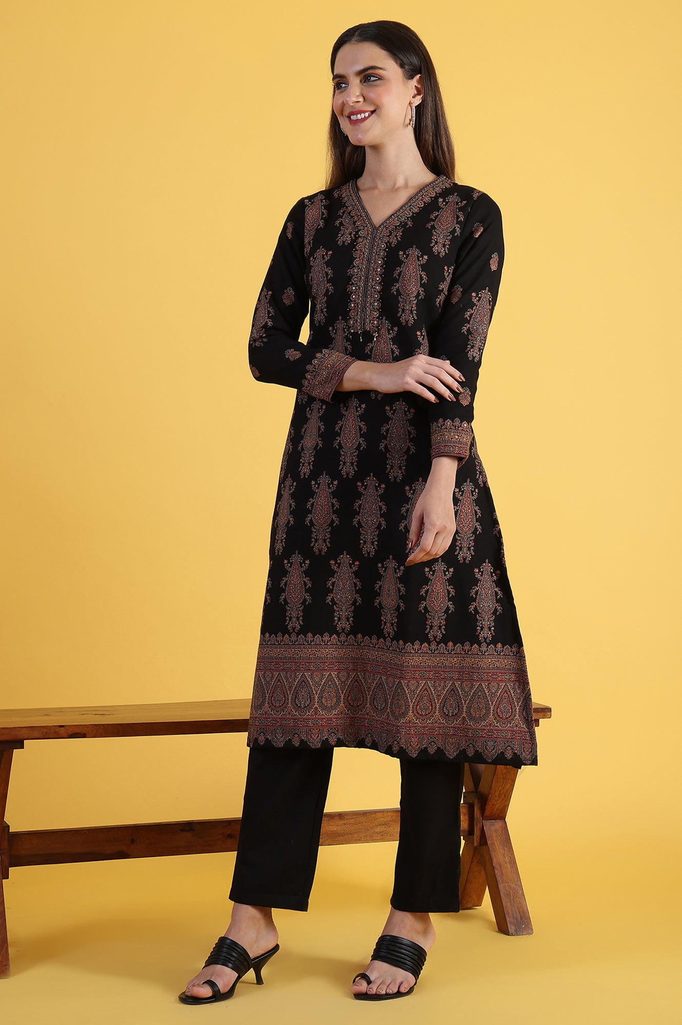 Black Yarn Dyed Sequins Straight Kurta & Straight pant with Dupatta Set