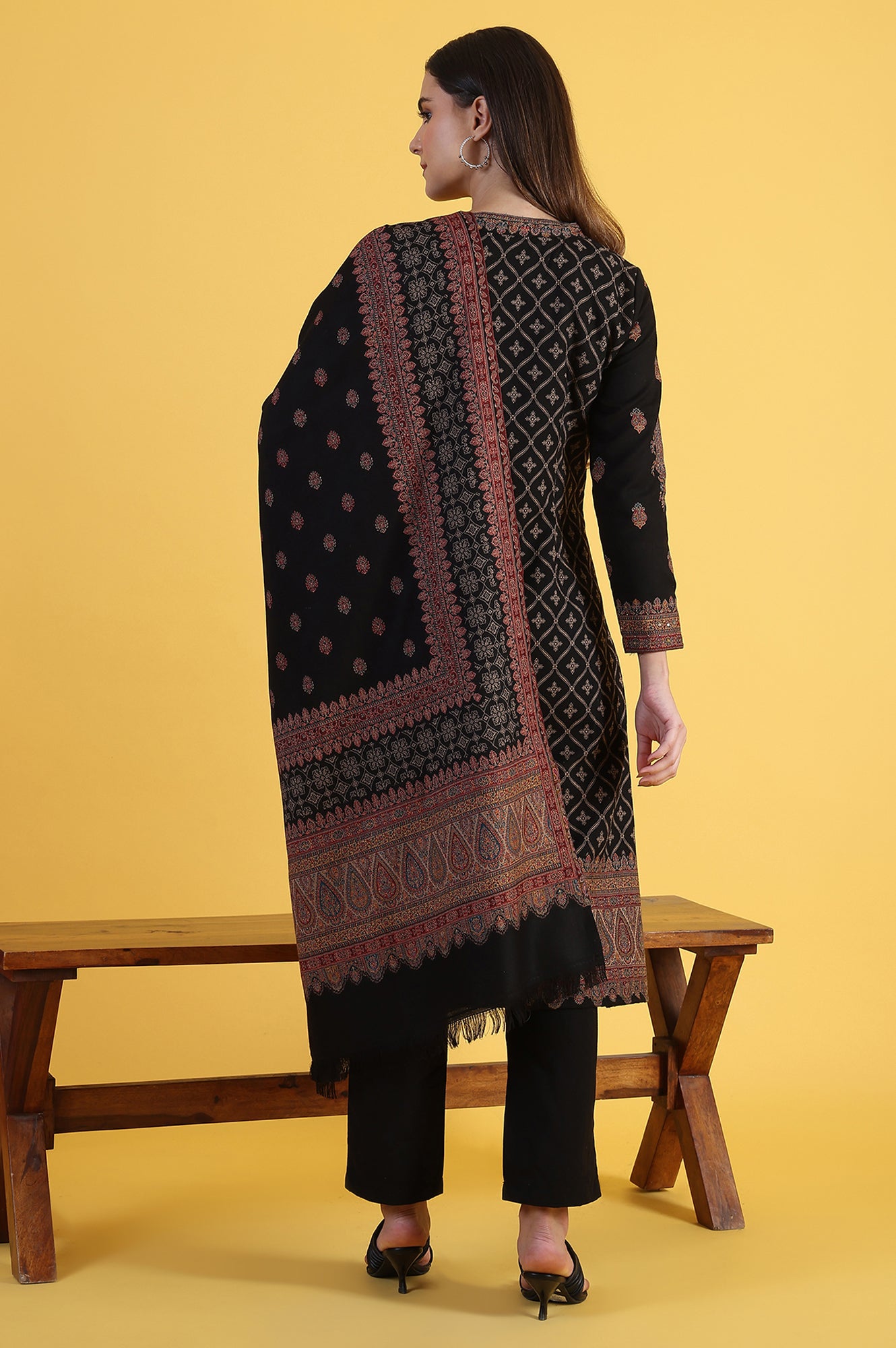 Black Yarn Dyed Sequins Straight Kurta & Straight pant with Dupatta Set