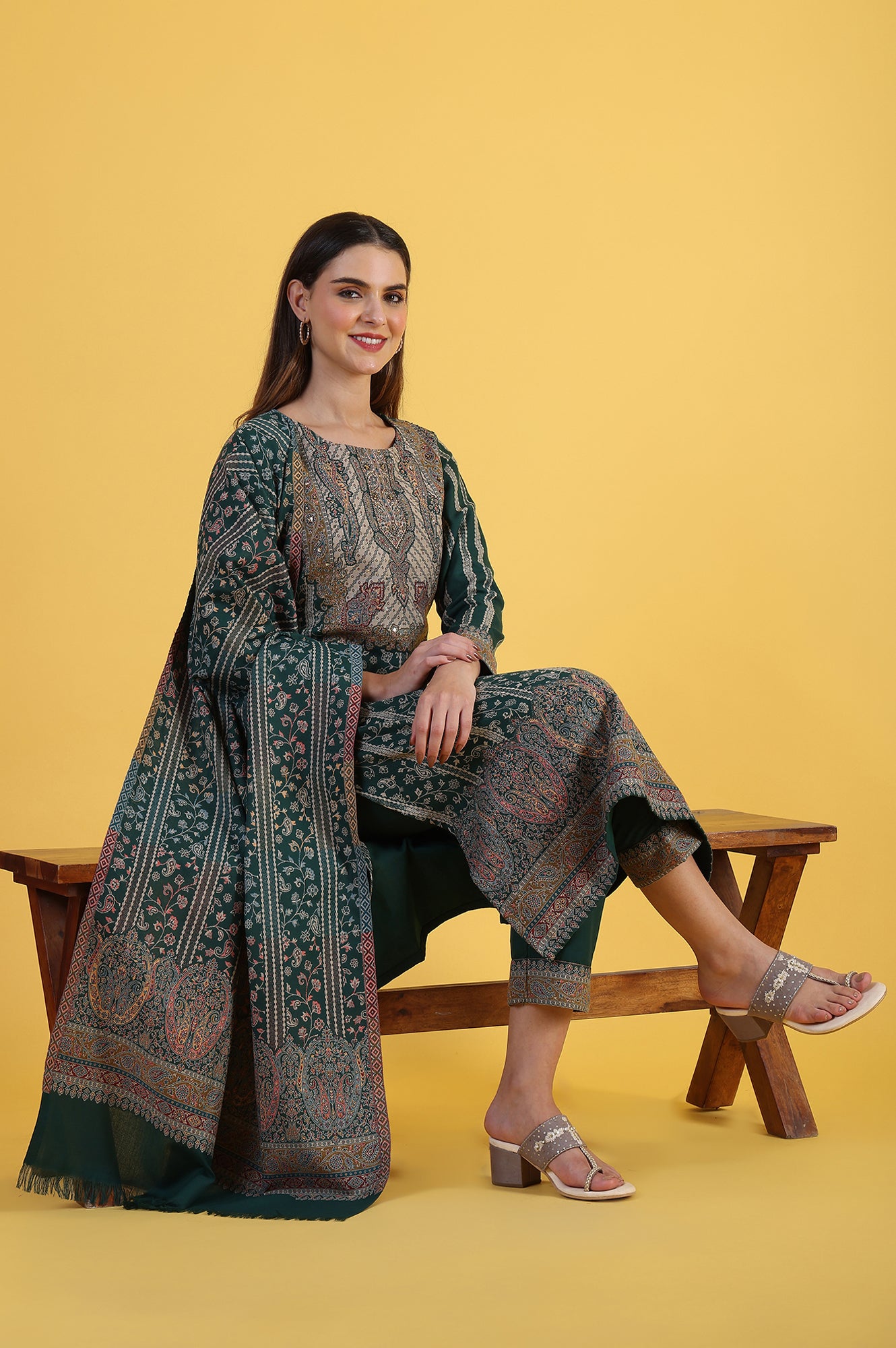 Green Yarn Dyed Sequins Straight Kurta & Straight pant with Dupatta Set