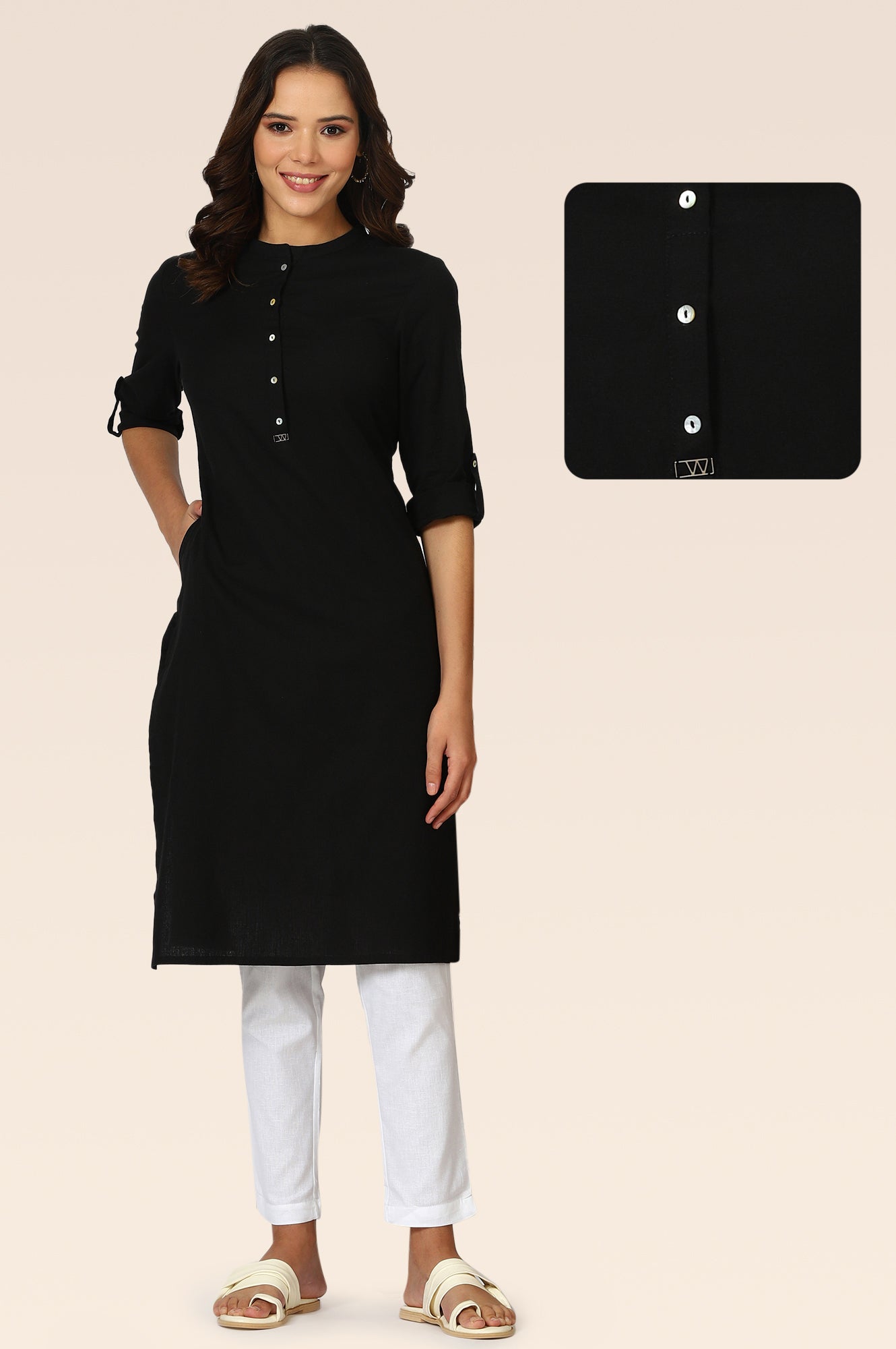 Buy Black Mandarin Collar Cotton Blend Straight Kurta Online for Woman | WforWoman Buy Black Mandarin Collar Cotton Blend Straight Kurta Online for Woman | WforWoman