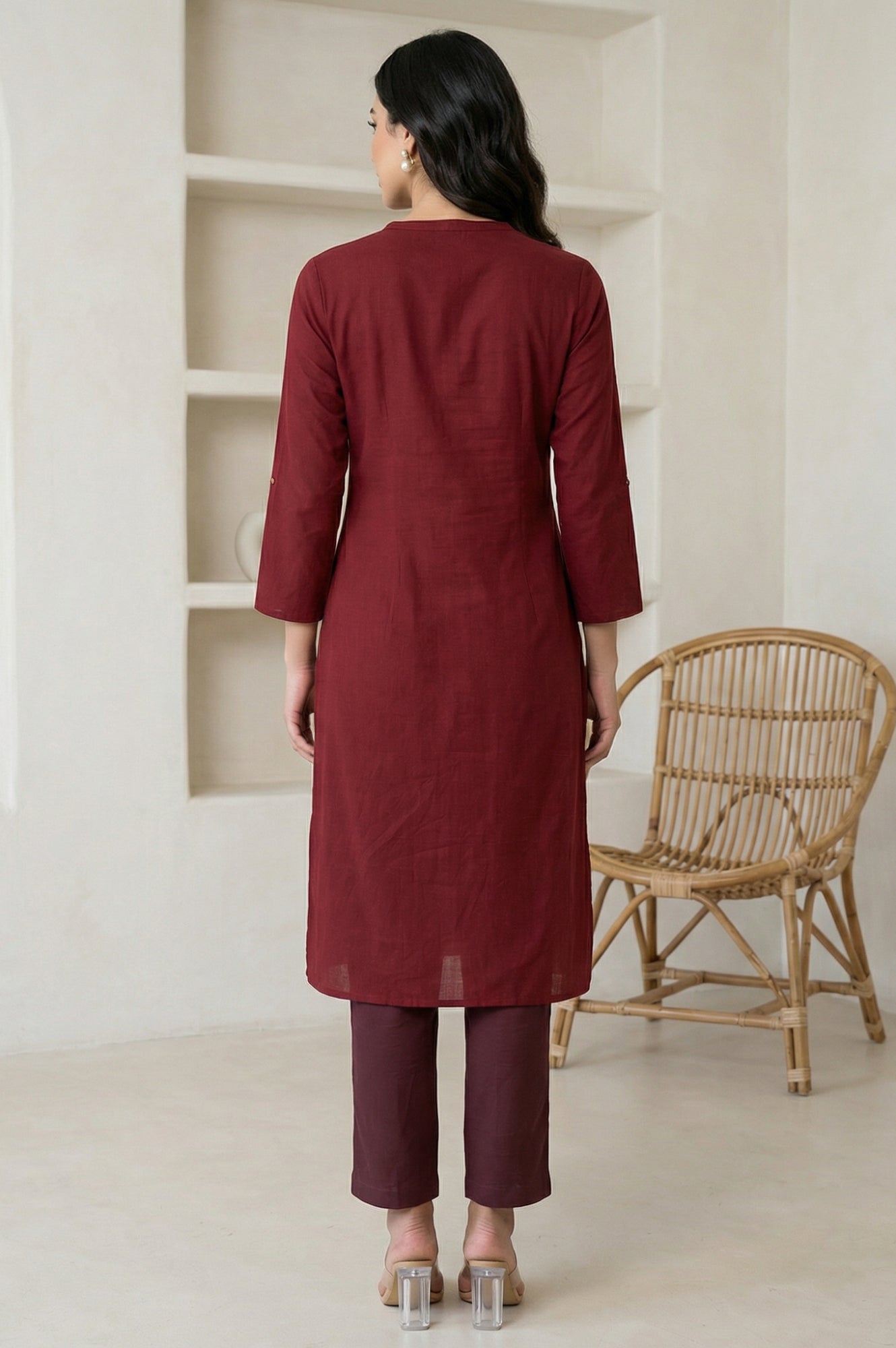 Maroon Mandarin Collar Cotton Blend Straight Kurta With W Branding