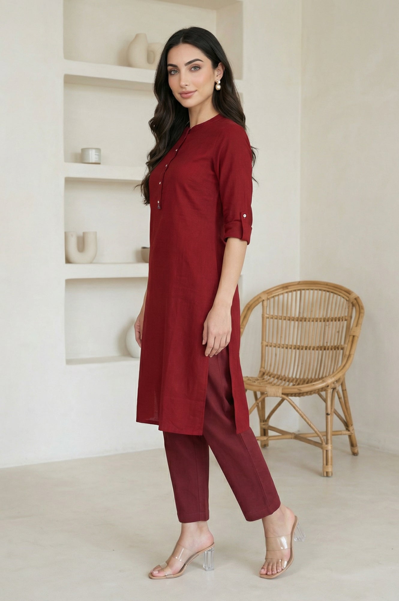 Maroon Mandarin Collar Cotton Blend Straight Kurta With W Branding