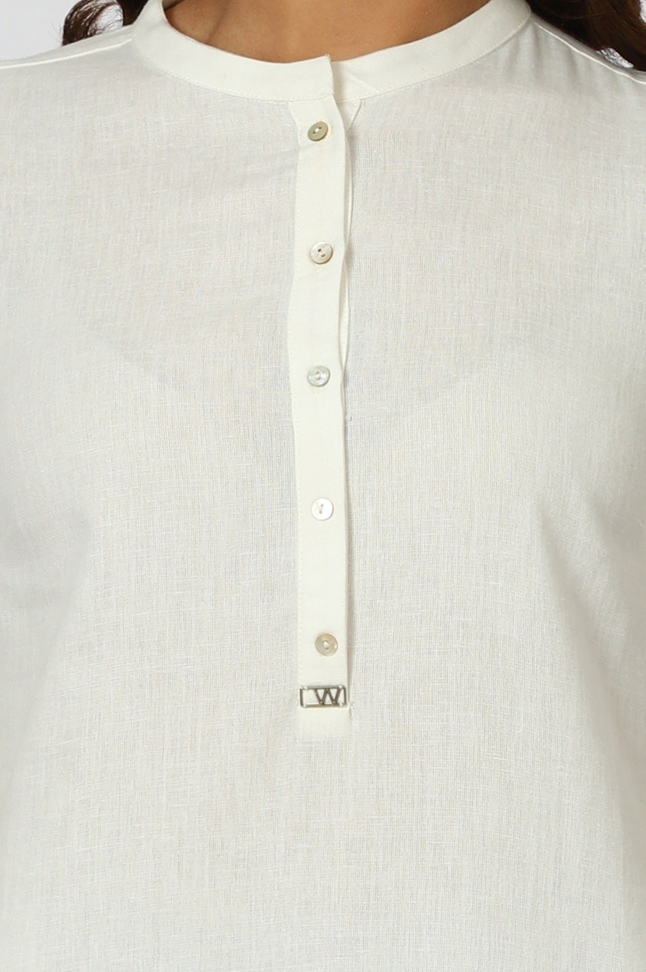 White Mandarin Collar Cotton Blend Straight Kurta With W Branding