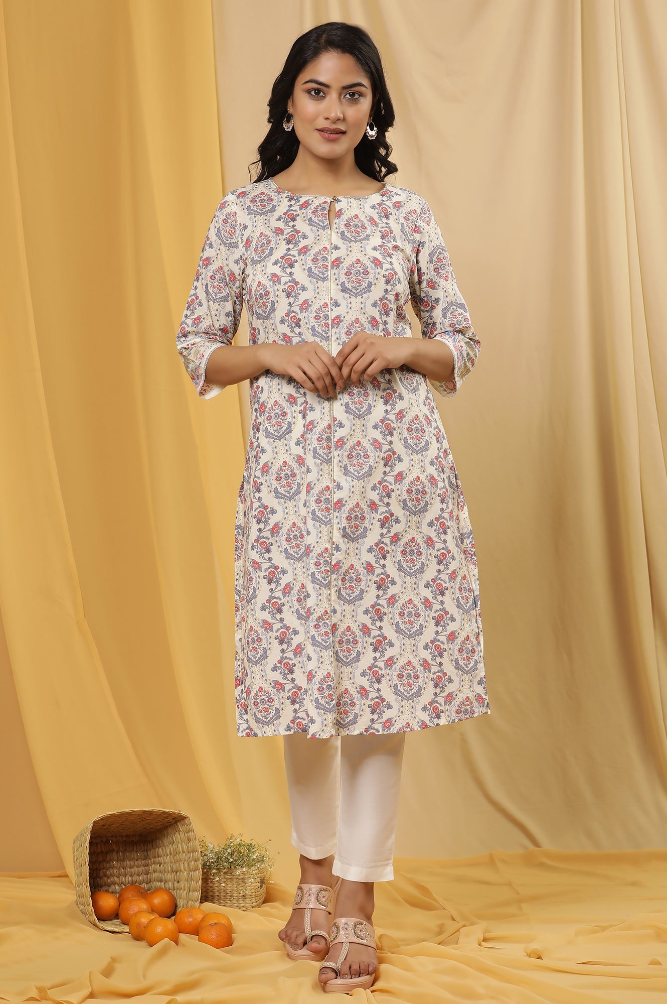 White Printed Straight Kurta And Pants Set