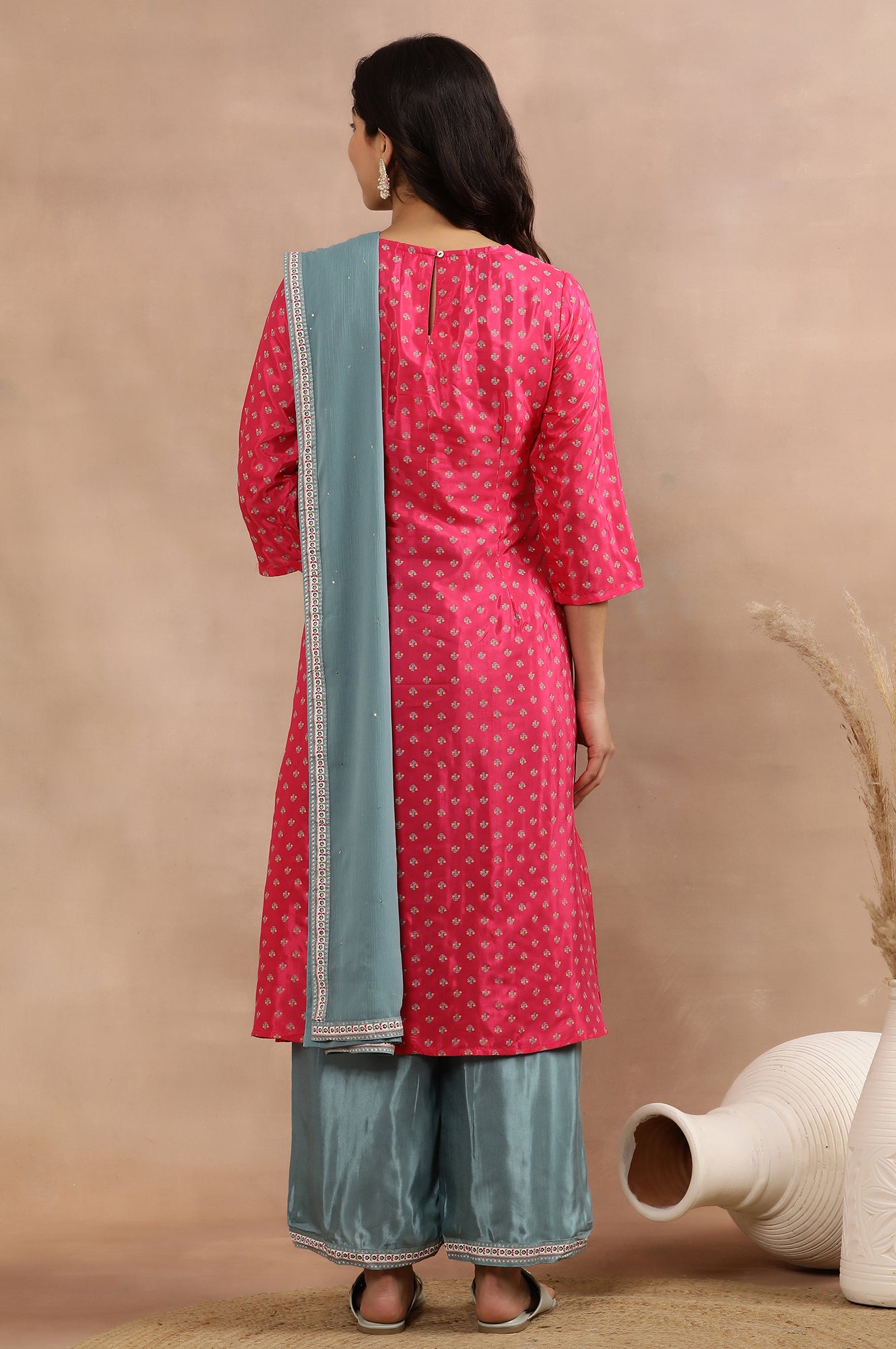 Dark Pink Embroidered Kurta, Parallel Pants And Dupatta Set