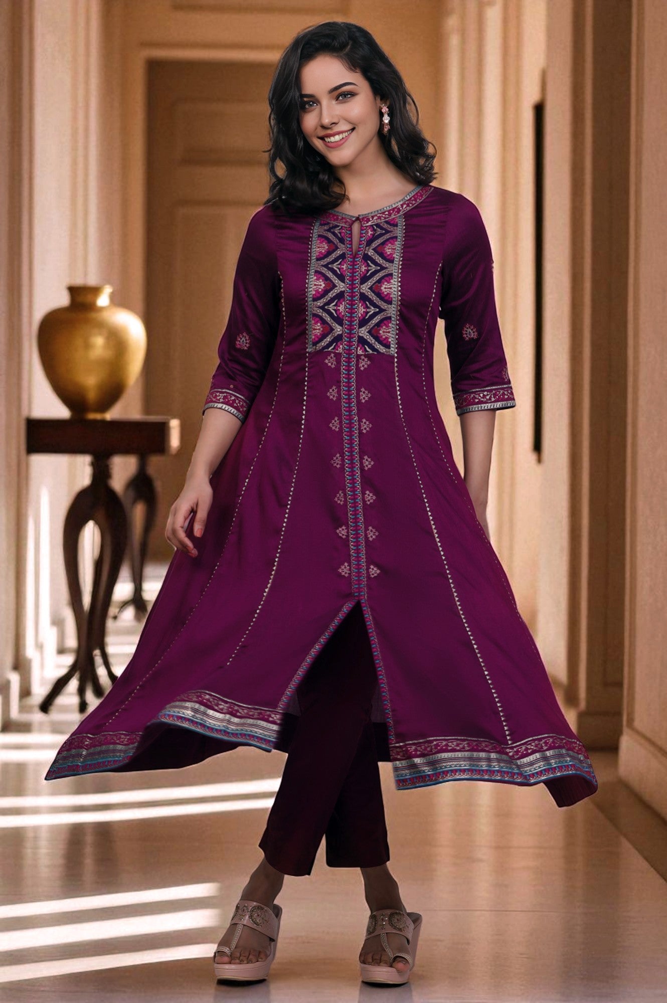 Purple Embroidered Flared Kurta And Pants Set