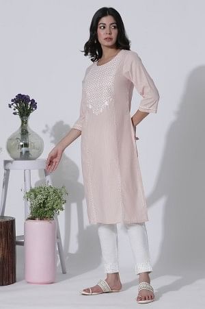 Light Pink Embroidered Cotton Lurex Kurta, Pants With Dupatta Set