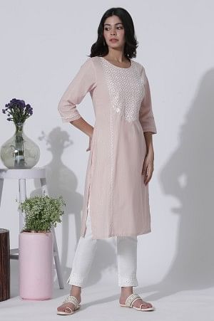 Light Pink Embroidered Cotton Lurex Kurta, Pants With Dupatta Set