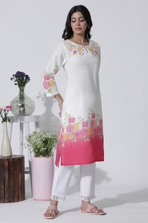 White & Pink Ombre Floral Printed Cotton Kurta, Straight Pants And Kota Dupatta