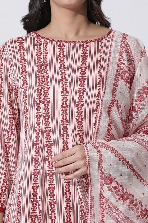 White & Red Printed Flared Kurta, Cotton Pants With Dupatta Set