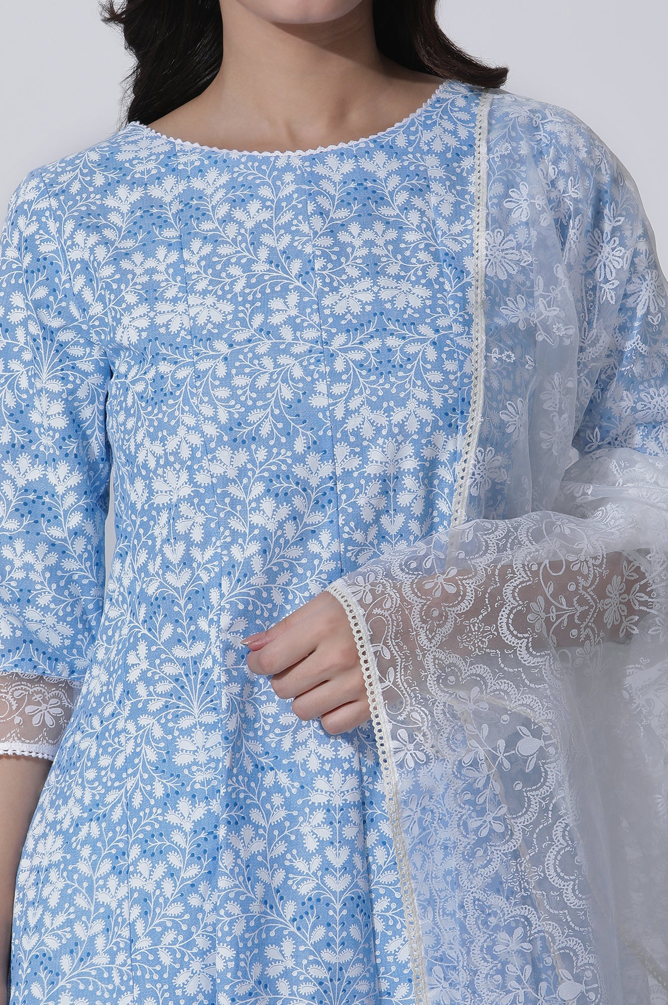 Light Blue Floral Printed Flared Kurta, Straight Pants And Dupatta Set