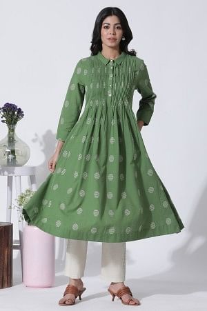 Buy Green Dobby Polka Dot Dress And Pants Set Online for Woman