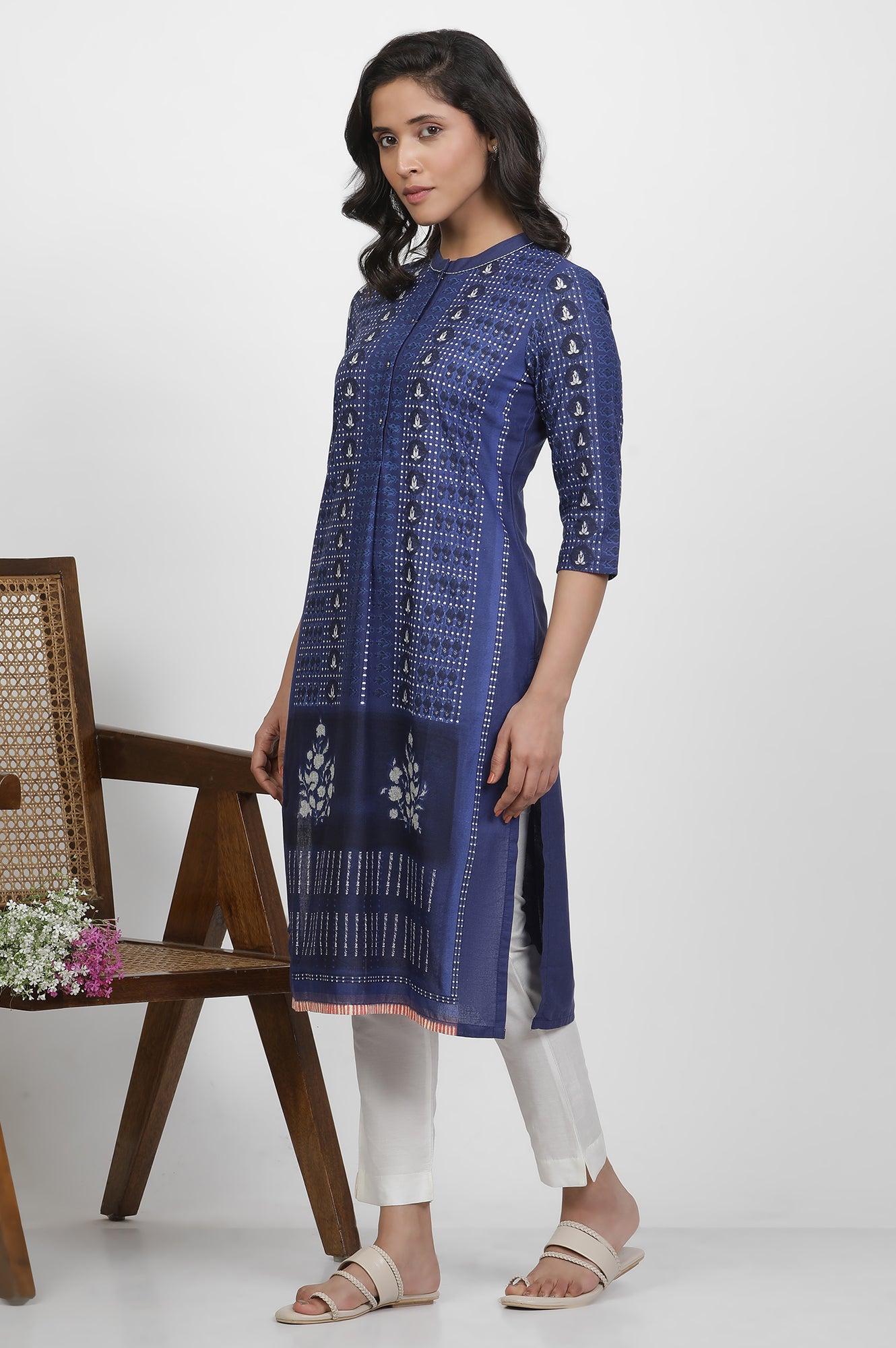 Blue Cotton Printed Kurta And Pants Set