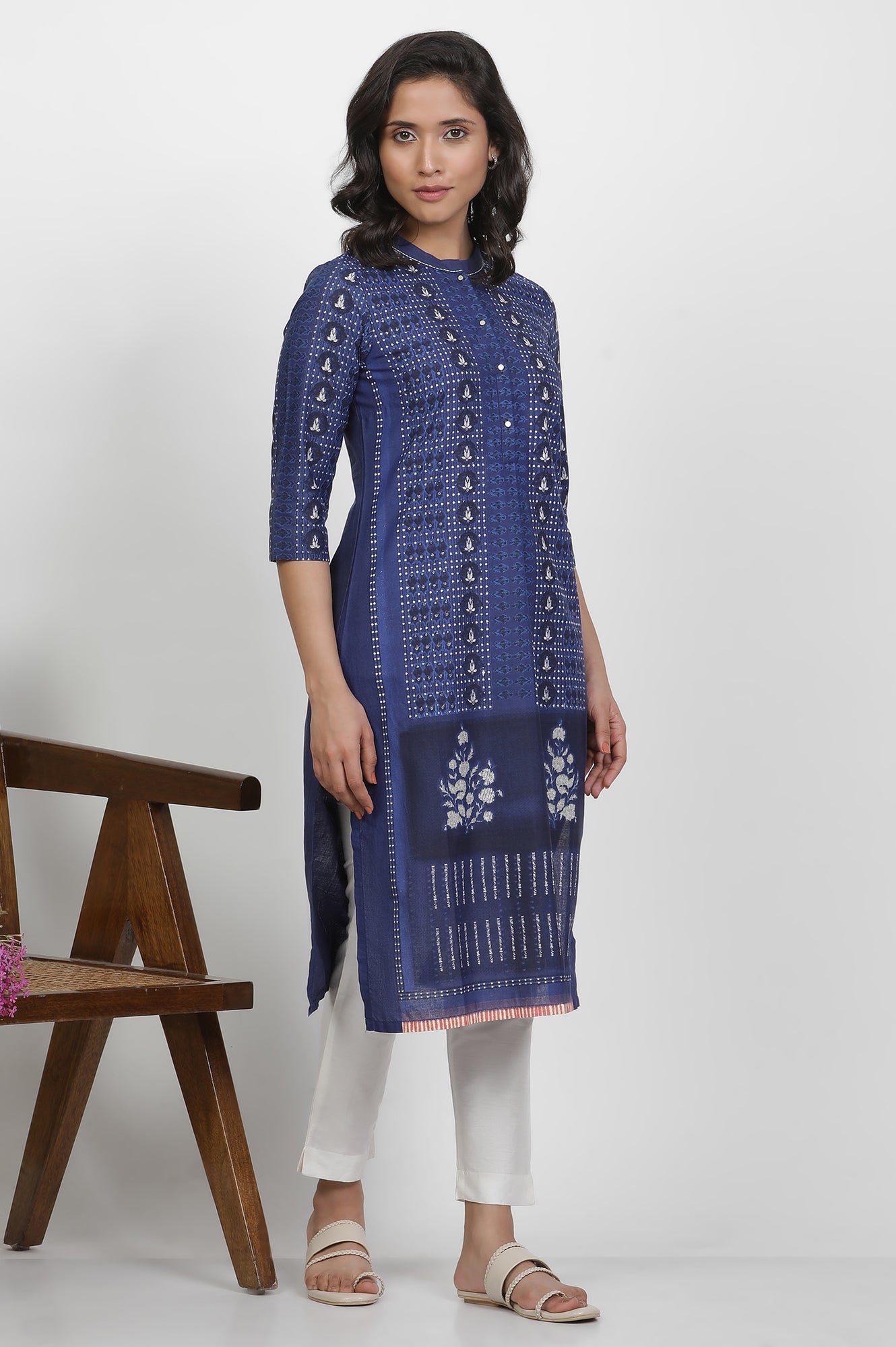 Blue Cotton Printed Kurta And Pants Set