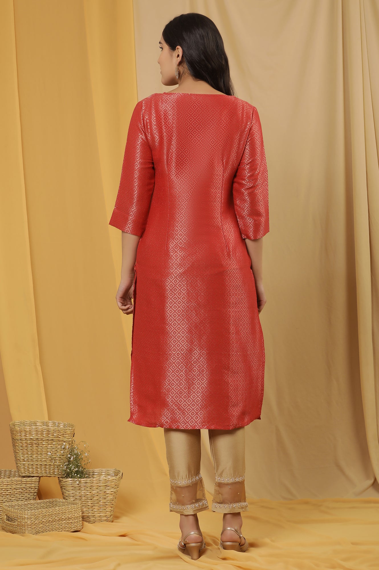 Red Embellished Dobby Kurta And Gold Slim Pants - wforwoman