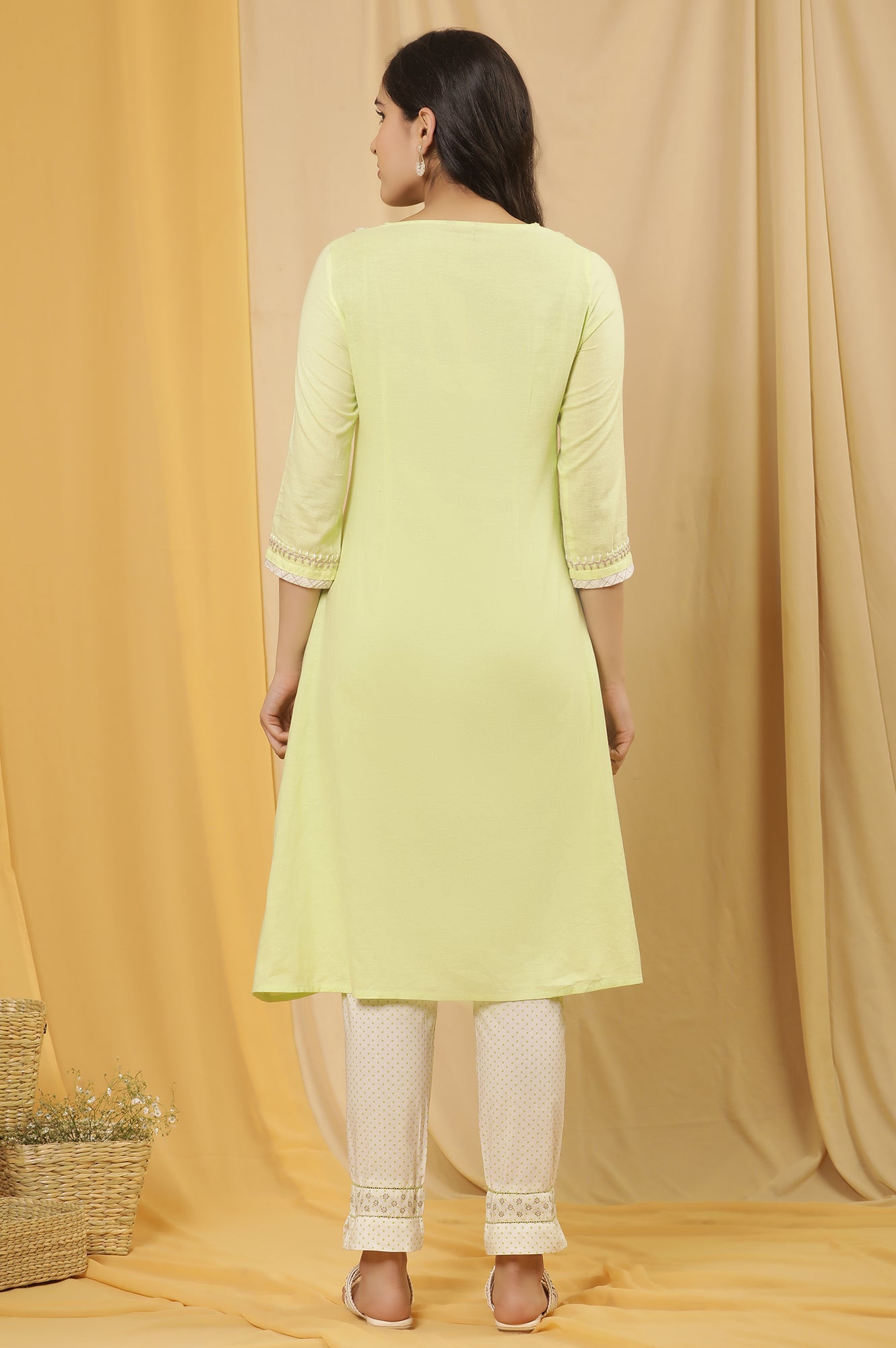 Lime Green Cottom Embroidered Kurta And Pants Set