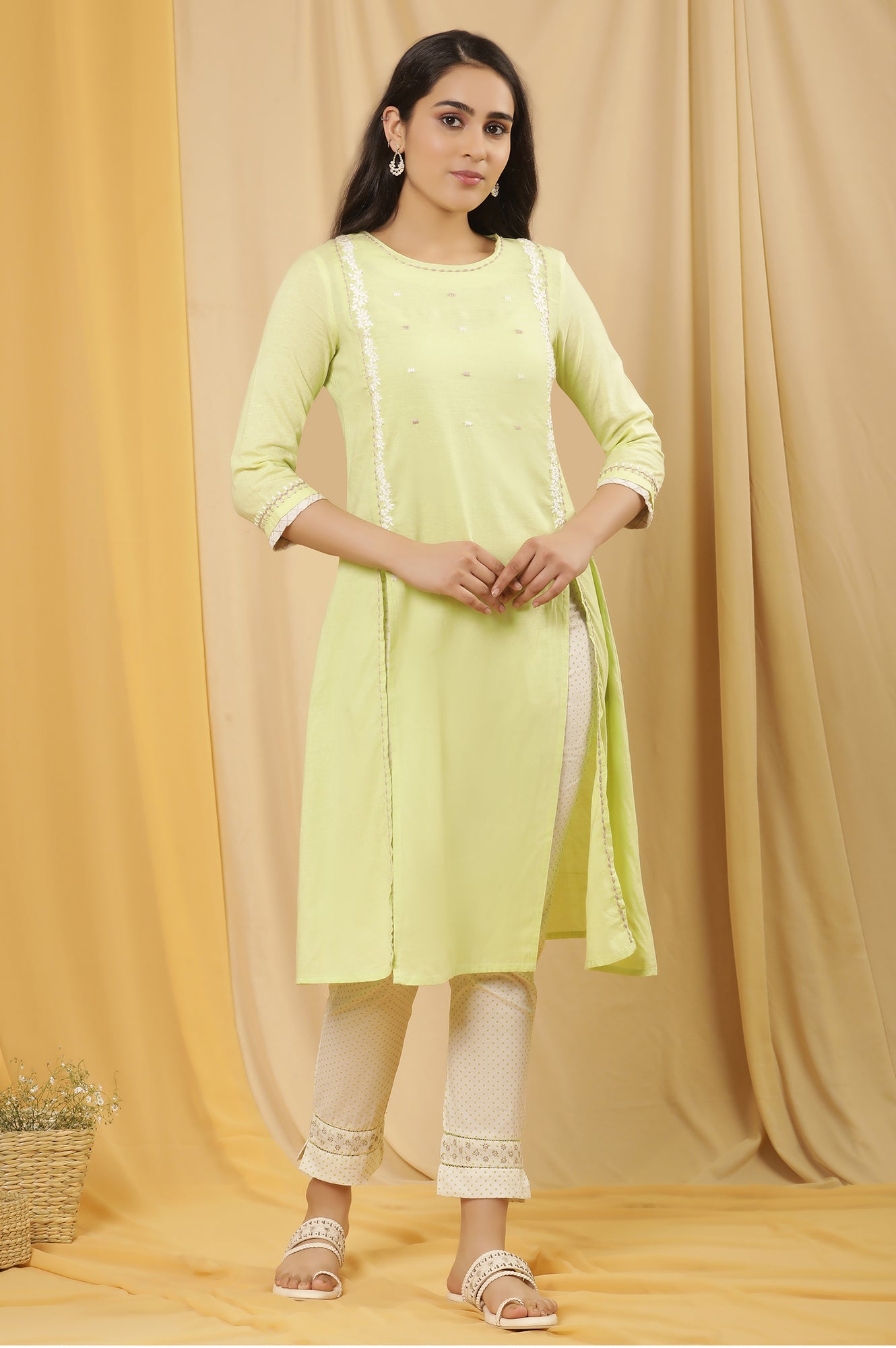 Lime Green Cottom Embroidered Kurta And Pants Set