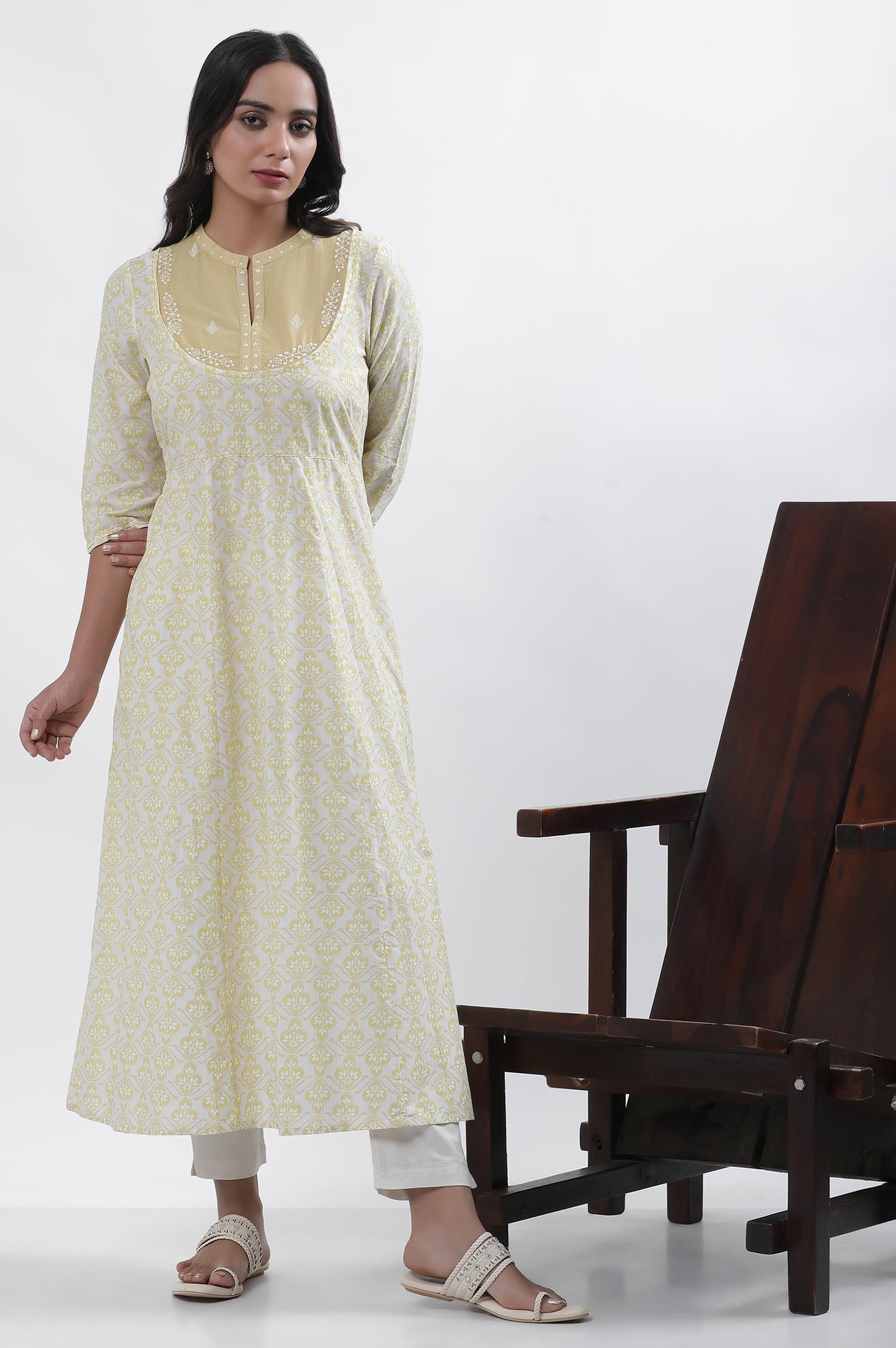 Pale Yellow Printed Dress And Pants Set