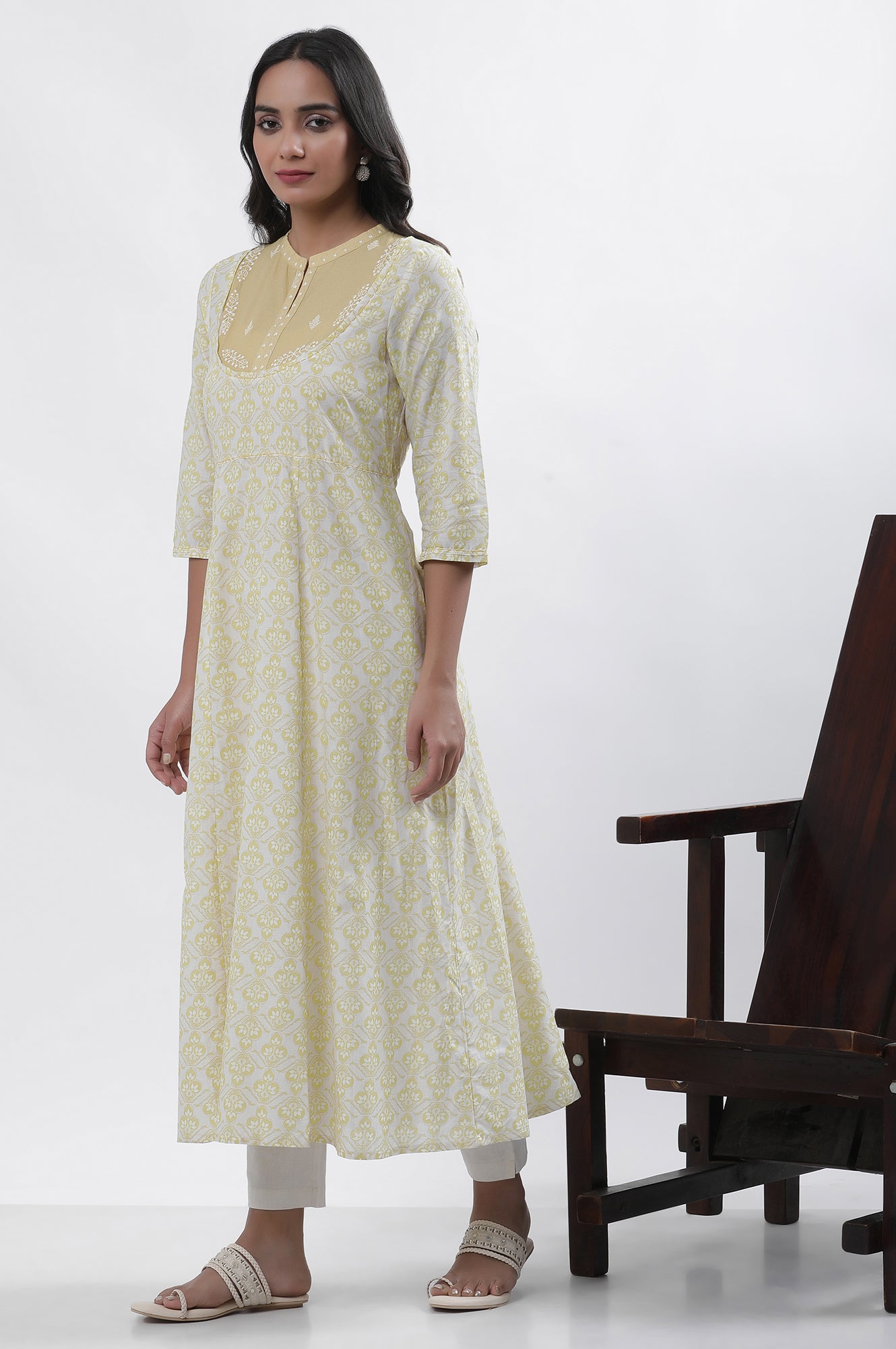 Pale Yellow Printed Dress And Pants Set