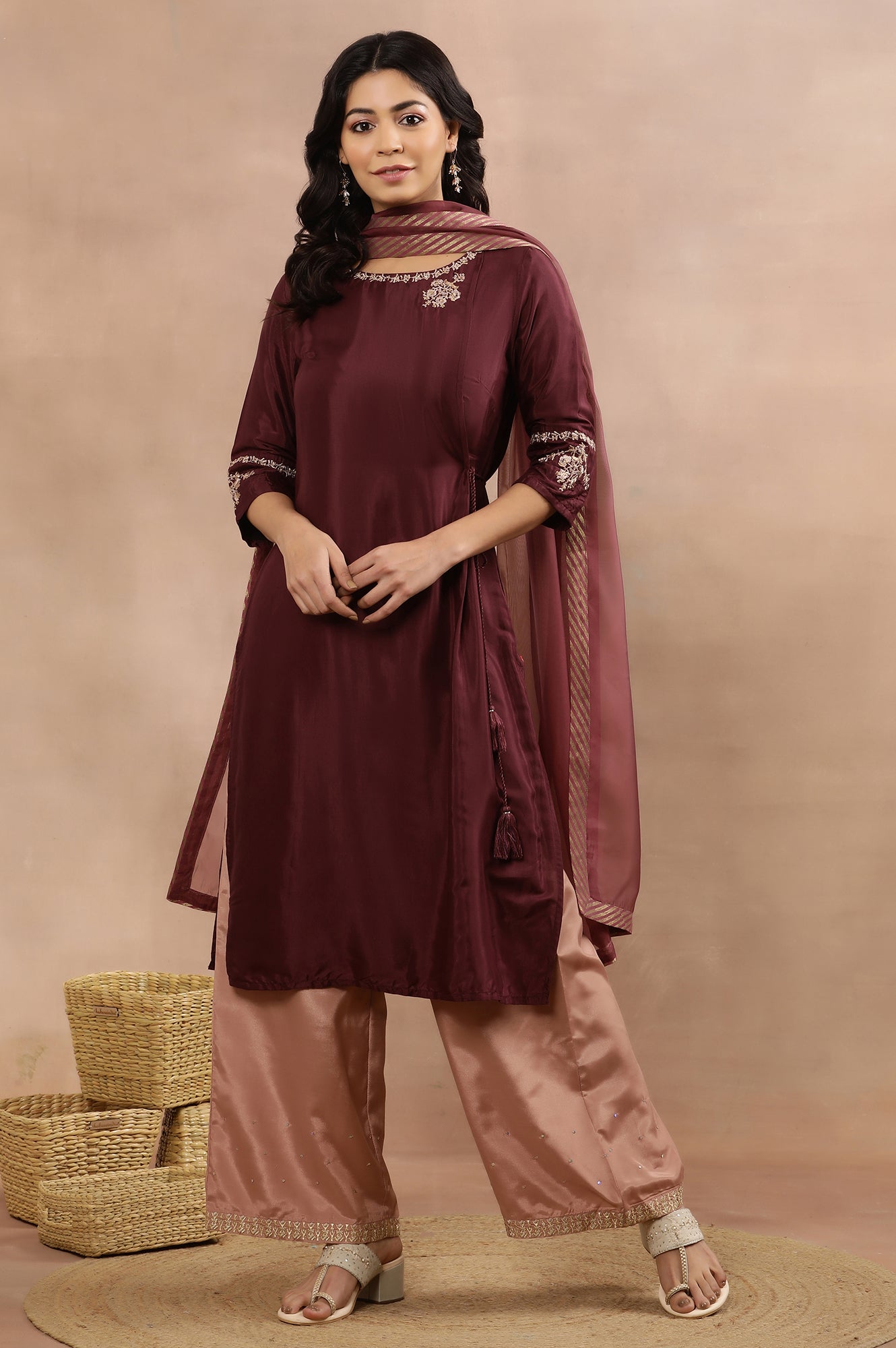 Wine Embroidered Kurta, Pink Flared Pants And Dupatta Set