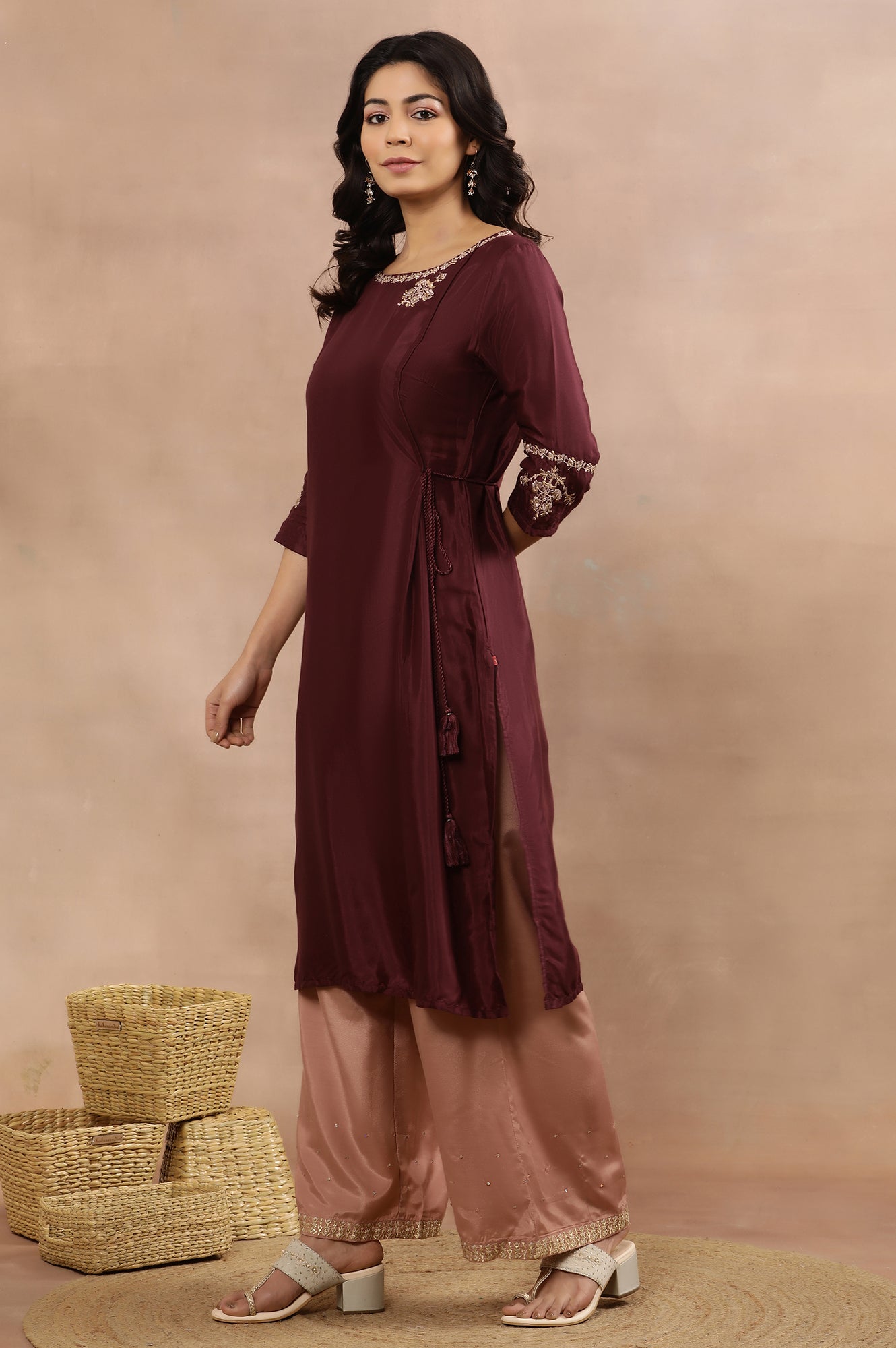 Wine Embroidered Kurta, Pink Flared Pants And Dupatta Set