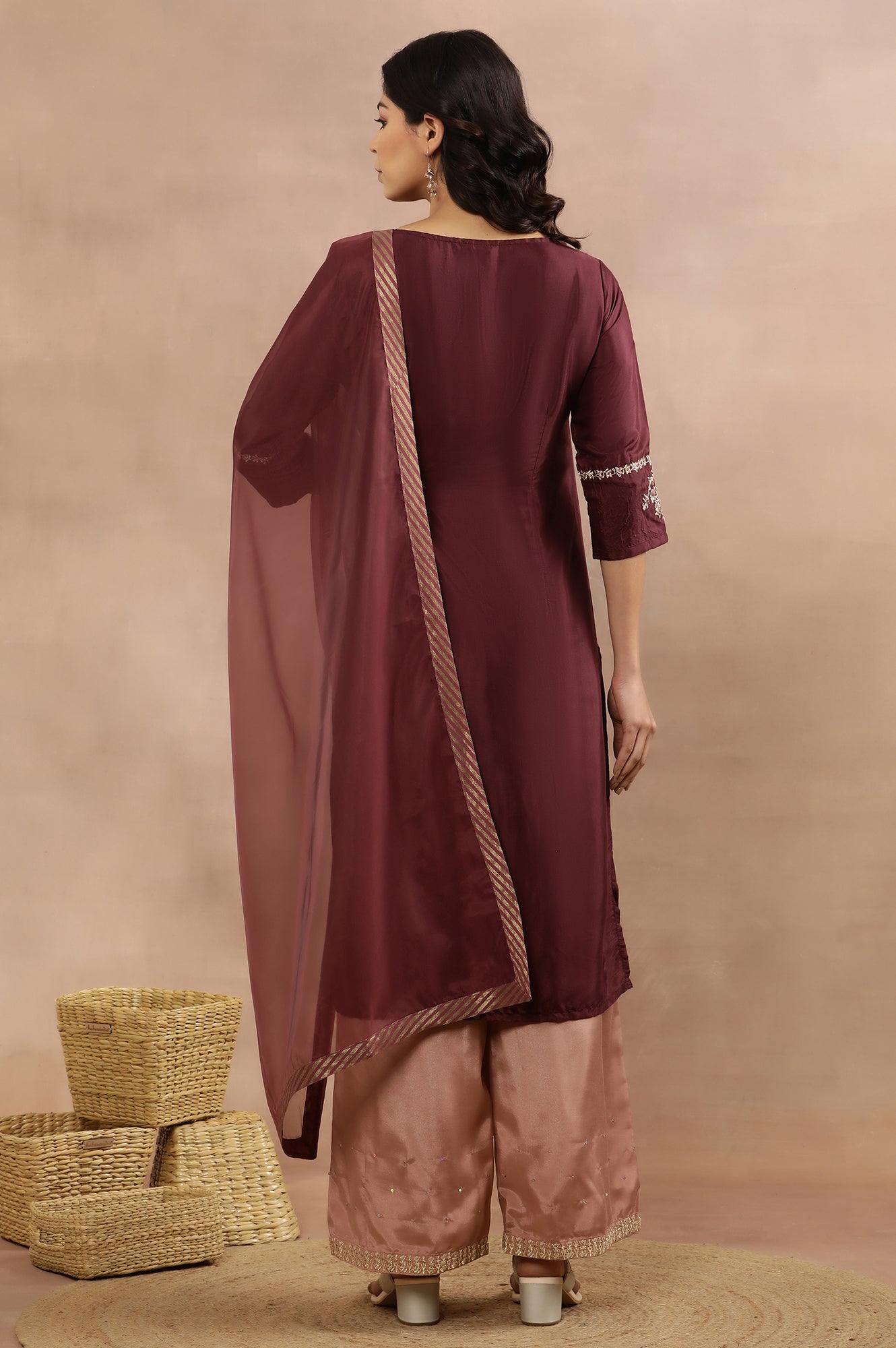 Wine Embroidered Kurta, Pink Flared Pants And Dupatta Set