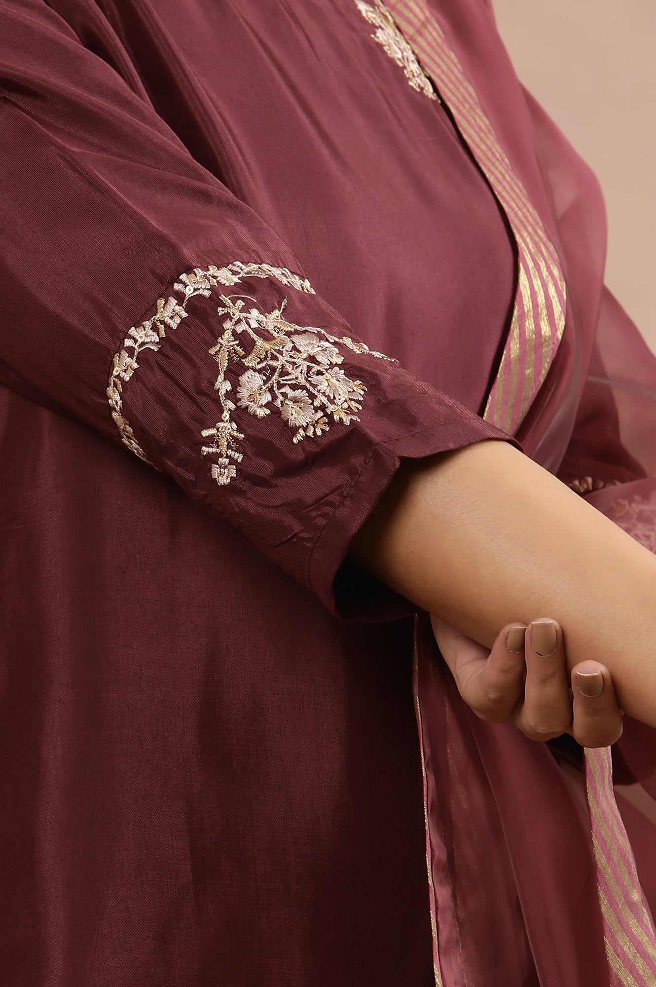 Wine Embroidered Kurta, Pink Flared Pants And Dupatta Set