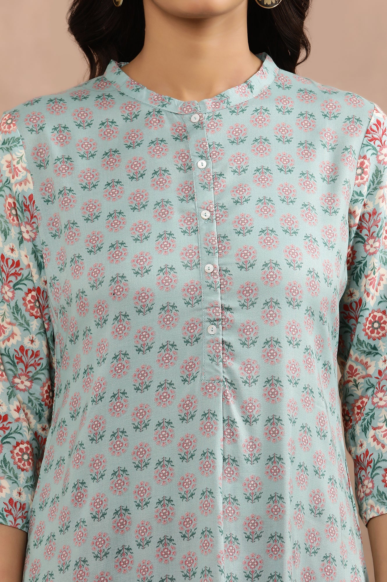 Blue Button Down Printed Kurta And Tights Set