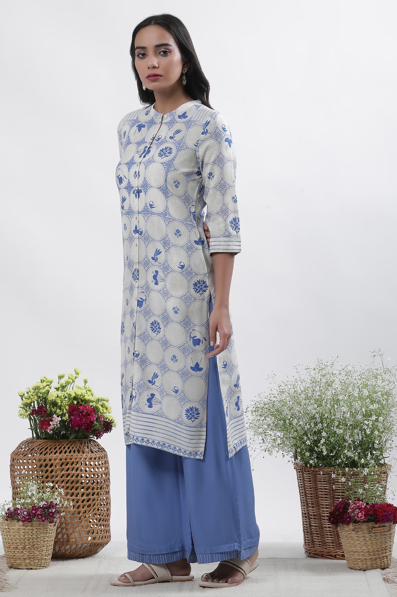 White & Blue Printed Kurta, Parallel Pants And Dupatta Set
