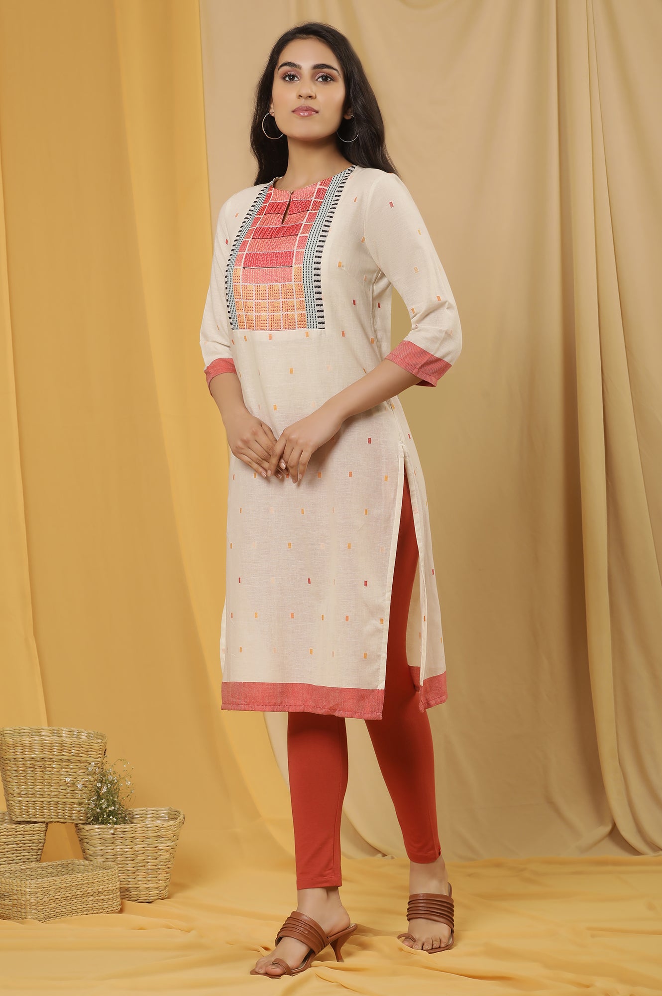 White Dobby Kurta With Multi-Coloured Yoke And Tights Set