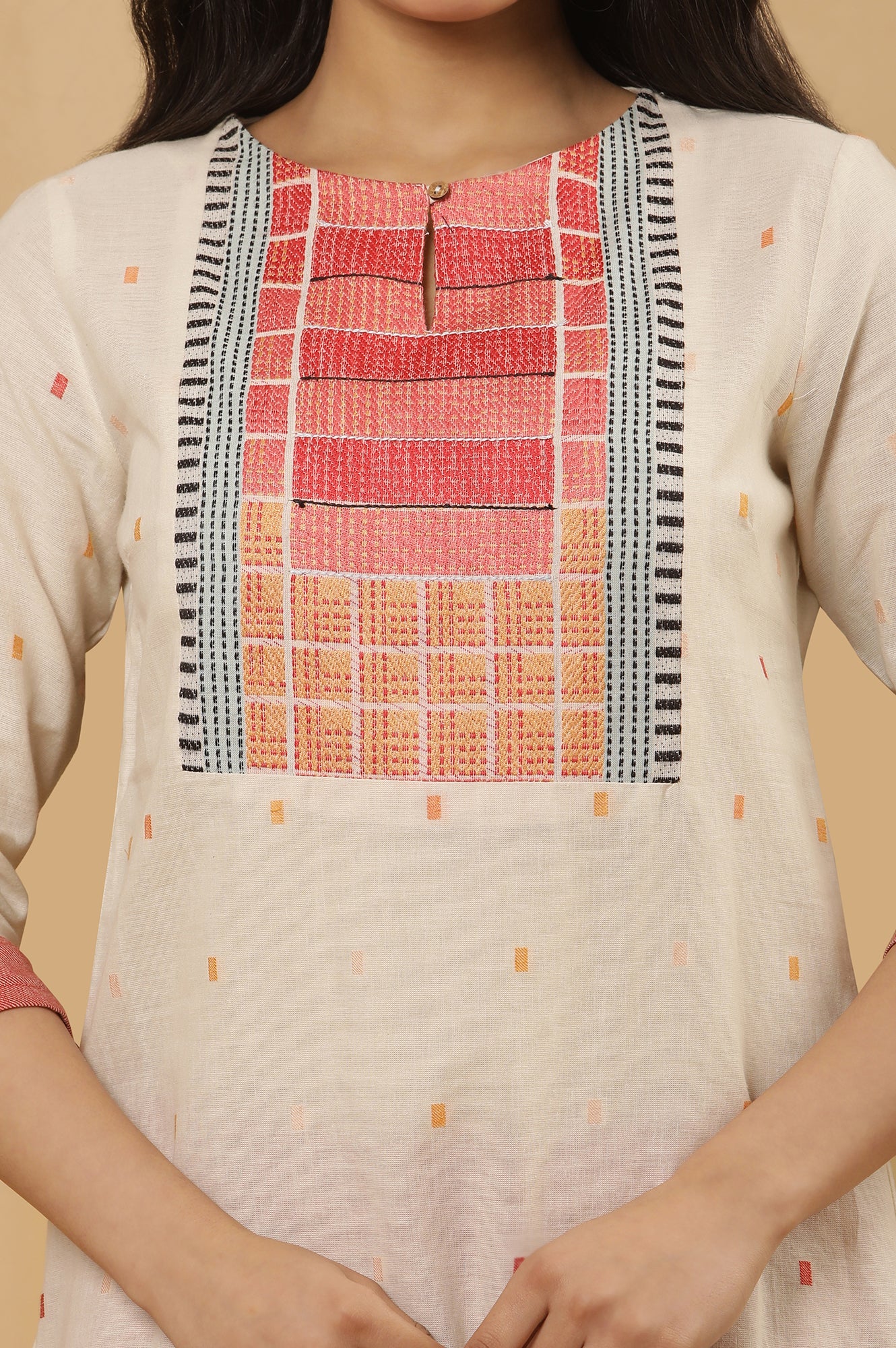 White Dobby Kurta With Multi-Coloured Yoke And Tights Set