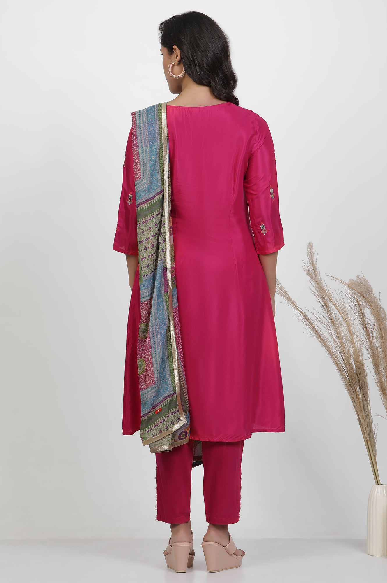 Pink Embroidered Shantung Kurta, Pants And Printed Dupatta Set