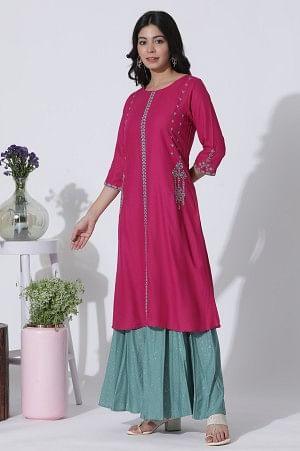 Dark Pink A-Line Embroidered Kurta, Culottes And Dupatta Set - wforwoman
