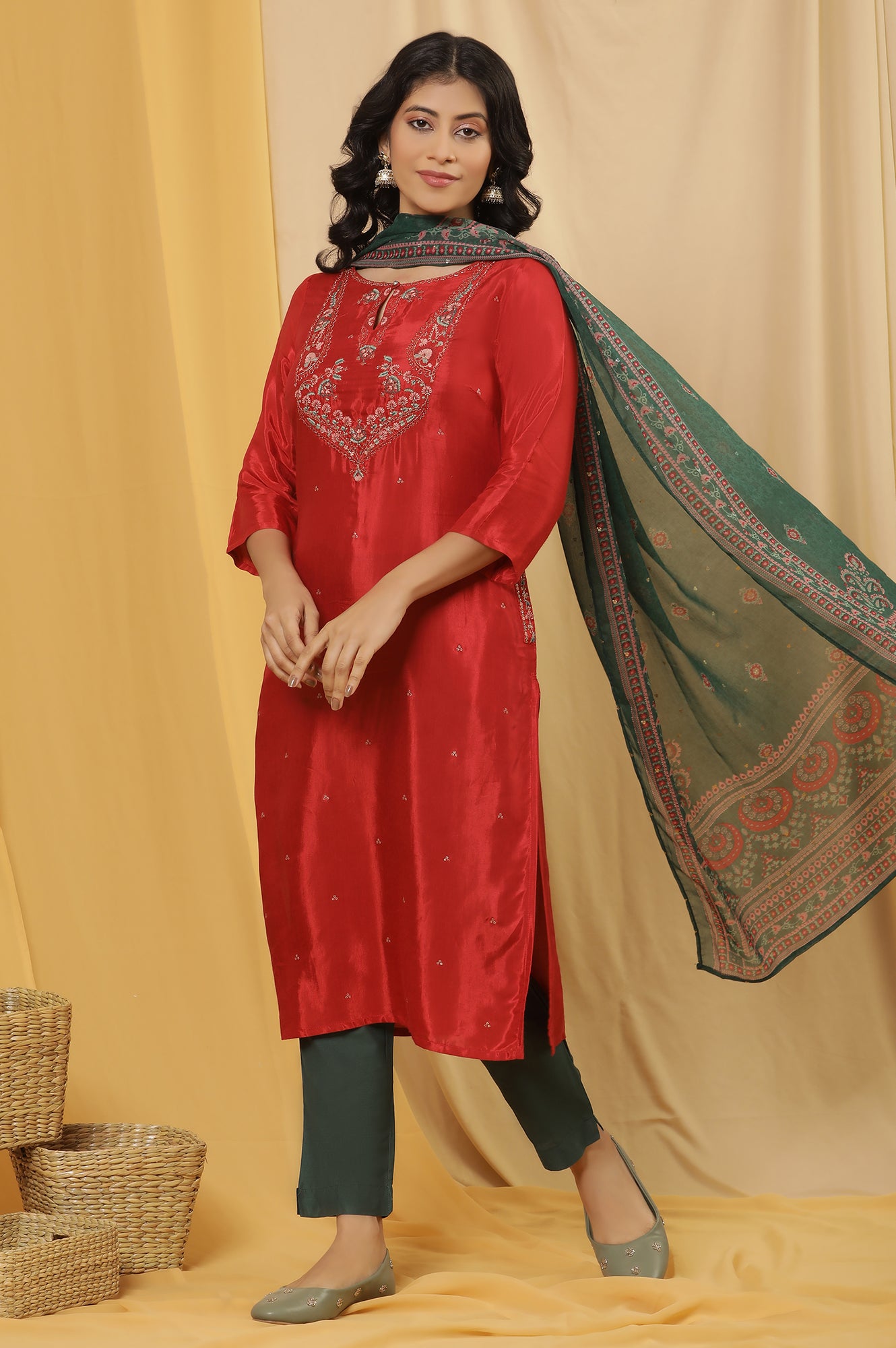 Red Embroidered Kurta, Pants And Dupatta Set
