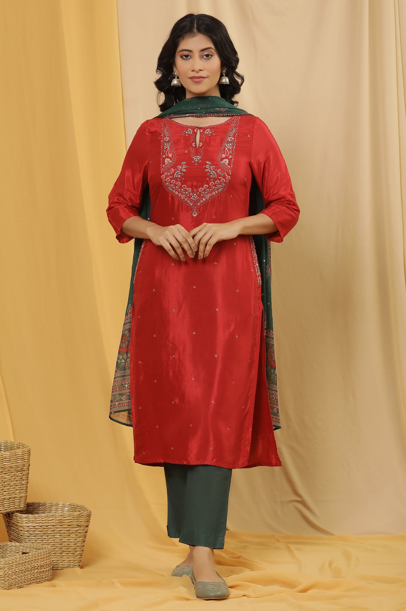 Red Embroidered Kurta, Pants And Dupatta Set