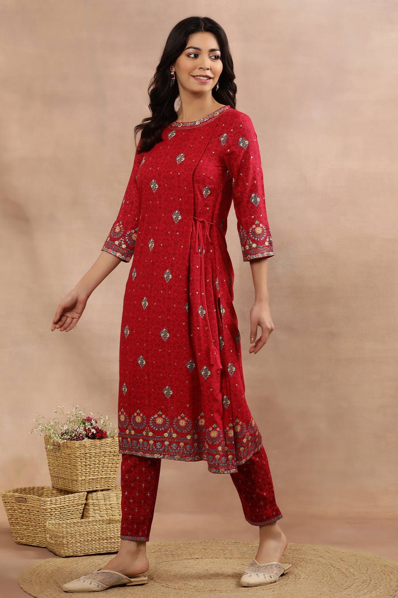 Buy Pink Floral Printed Layered Kurta And Pants Set Online for Woman