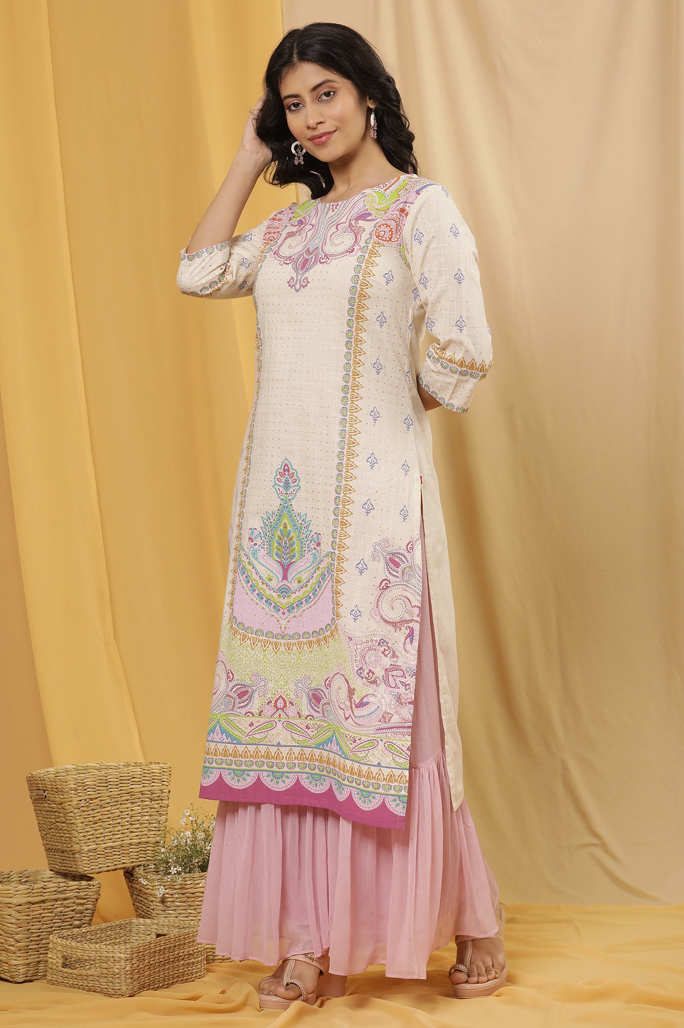 White Printed Pure Cotton Straight Kurta And Sharara Set