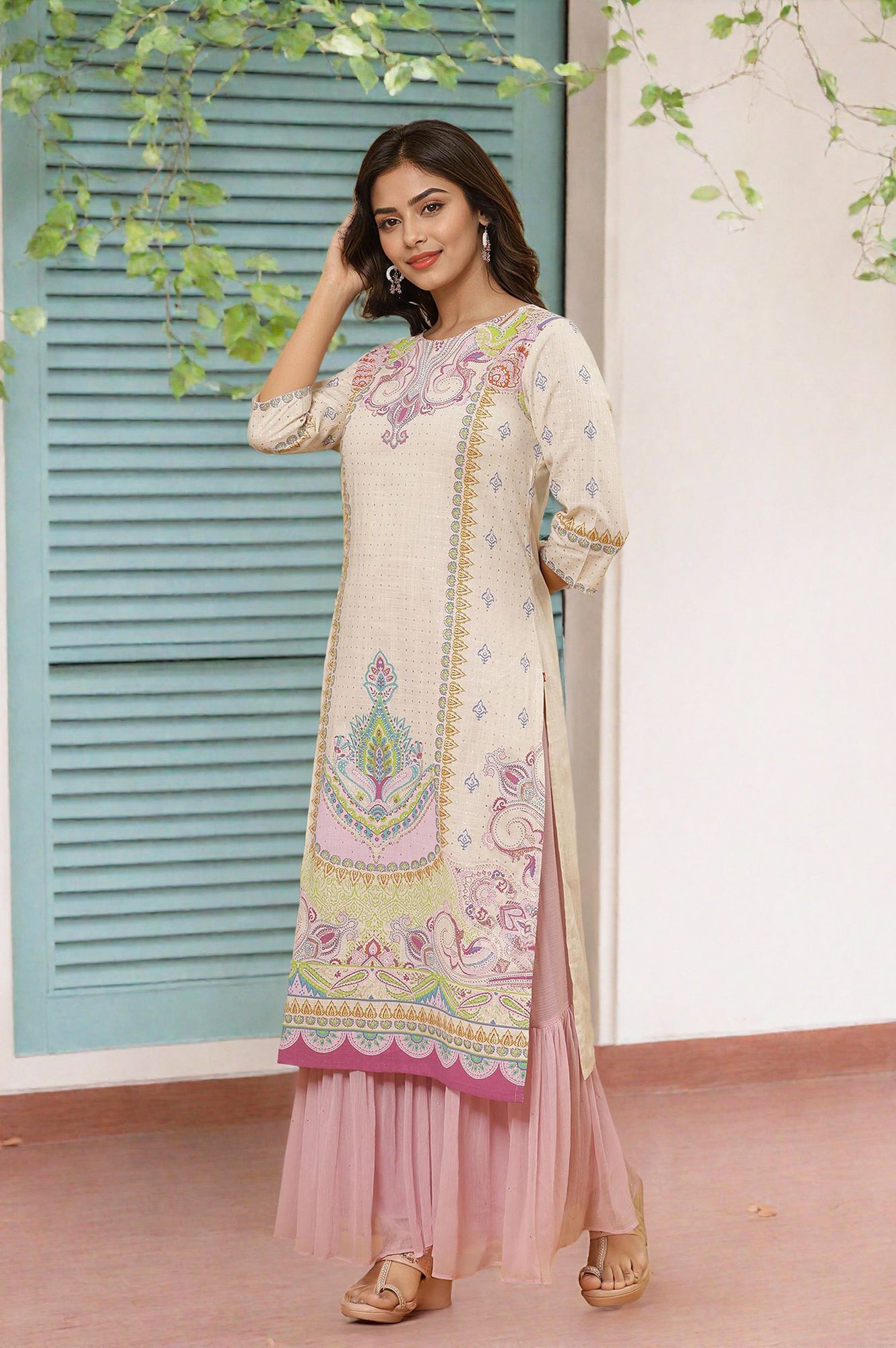 White Printed Pure Cotton Straight Kurta And Sharara Set