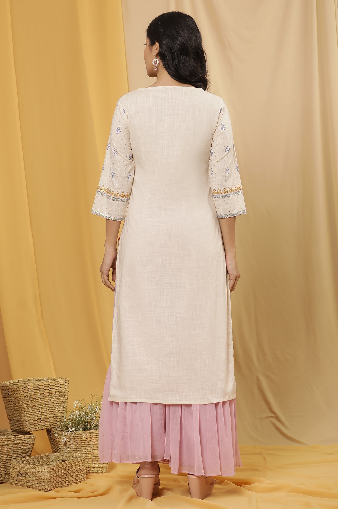 White Printed Pure Cotton Straight Kurta And Sharara Set