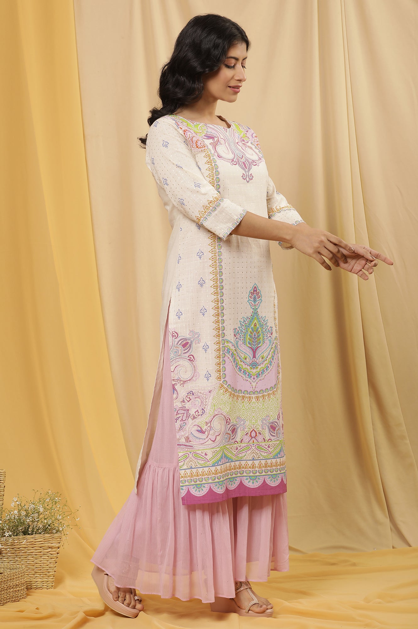 White Printed Pure Cotton Straight Kurta And Sharara Set