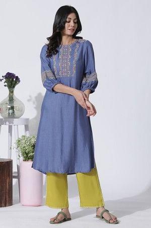 Blue Thread Embroidered Kurta And Pants Set - wforwoman