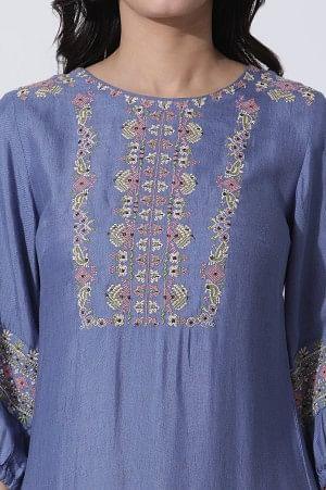 Blue Thread Embroidered Kurta And Pants Set - wforwoman