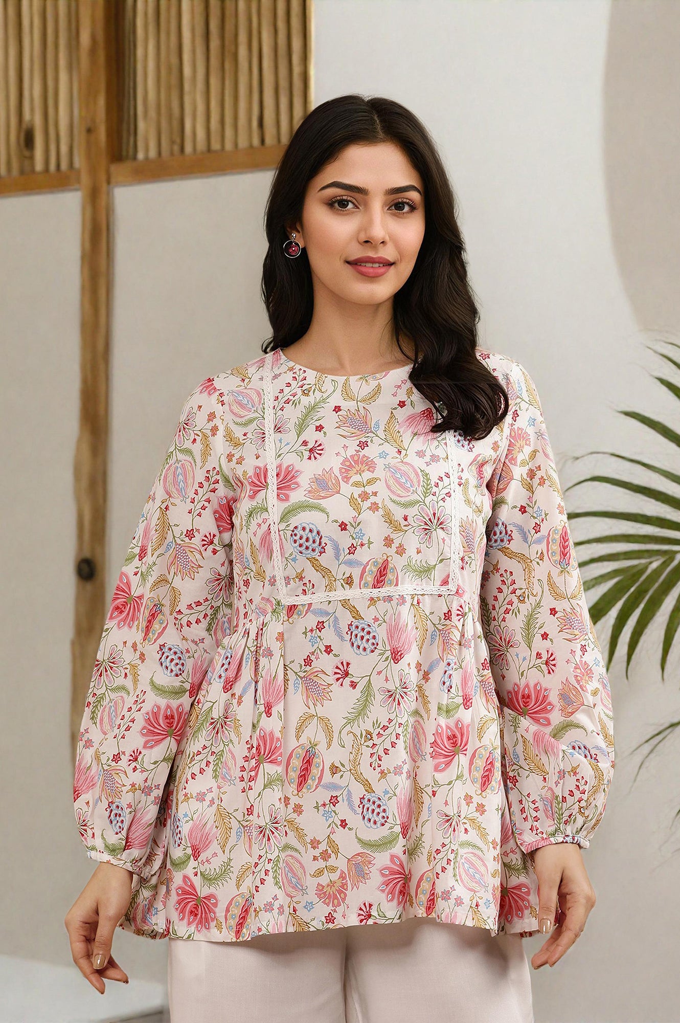 White Floral Printed Pure Cotton Top And Parallel Pants Set