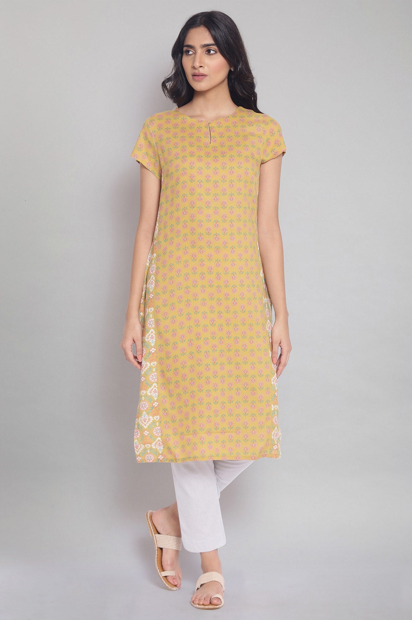 Yellow Printed Rayon Straight Kurta & Green Printed Cotton Straight Kurta Combo - wforwoman
